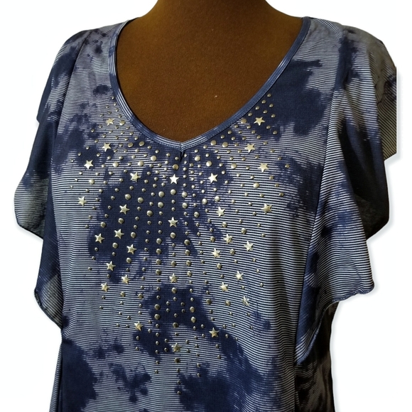 NWT One World Blue Shibori Tie-Dye Top Plus Size 1X Embellished Butterfly Sleeve - Picture 4 of 10